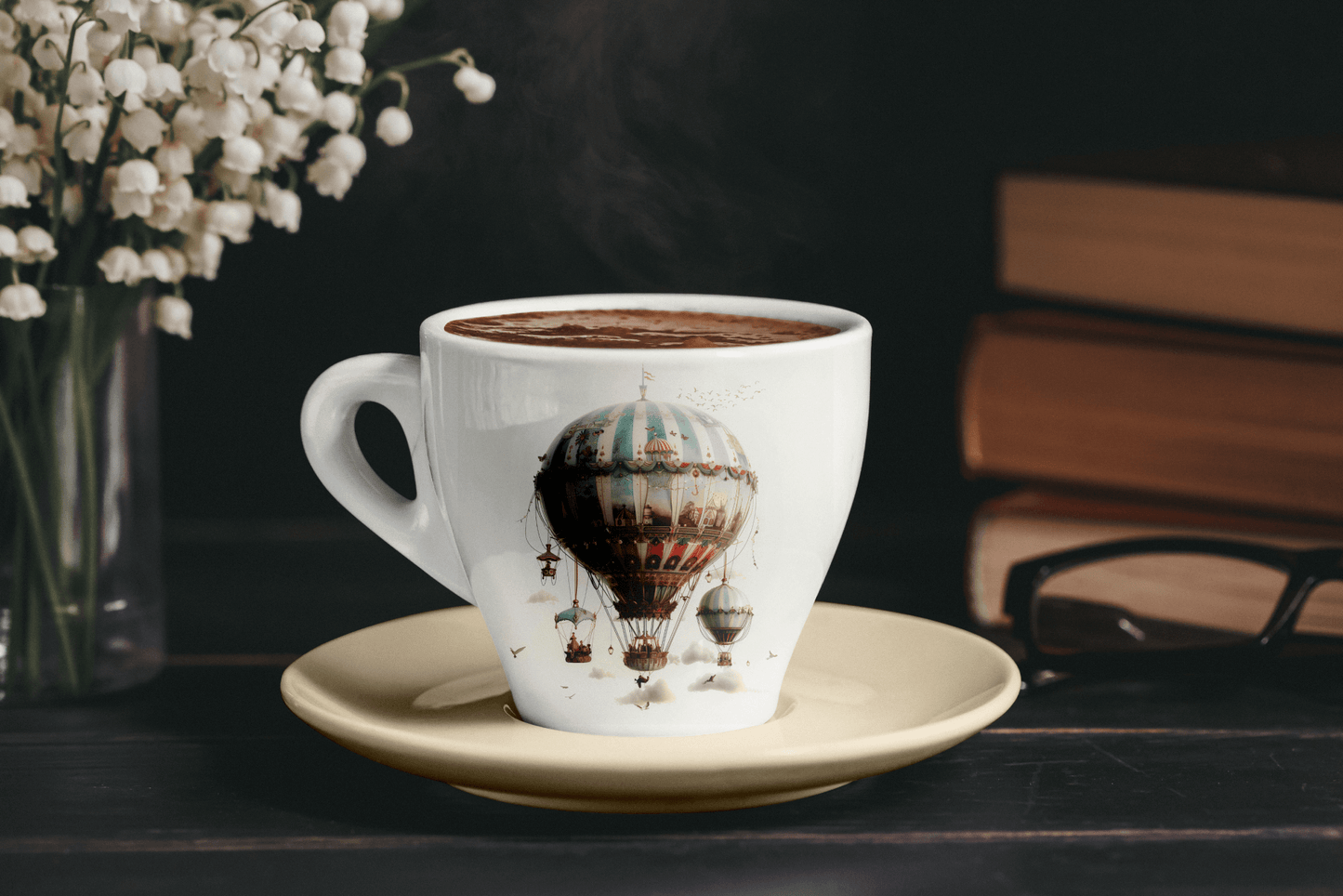 Custom porcelain coffee cup with a vintage hot air balloon design