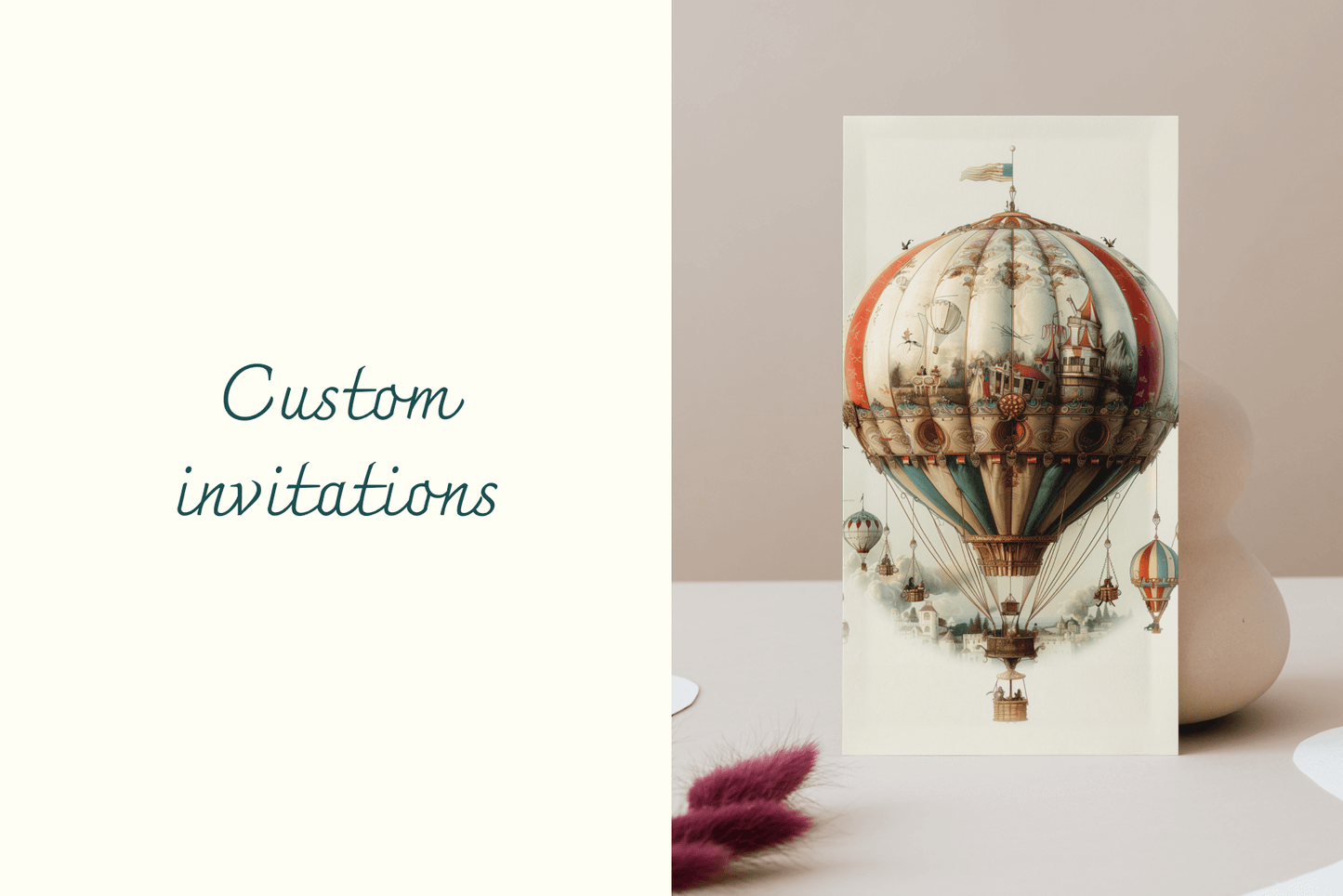 Custom wedding invitation with a vintage hot air balloon and circus theme