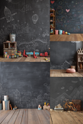 A collage of six interior room scenes featuring dark chalkboard walls with white hand-drawn doodles, wood flooring, toys, shelves, and a bicycle, presented as a decorative wall mural or wallpaper option.