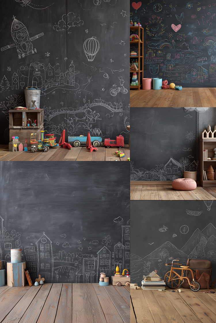 A collage of six interior room scenes featuring dark chalkboard walls with white hand-drawn doodles, wood flooring, toys, shelves, and a bicycle, presented as a decorative wall mural or wallpaper option.