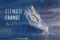 Digital graphic featuring a large iceberg with a clock face embedded in it, set against a dramatic cloudy sky and ocean. White text on the left reads 'CLIMATE CHANGE' with smaller text '6 ABSTRACT BACKGROUNDS PNG / HIGH RES'.