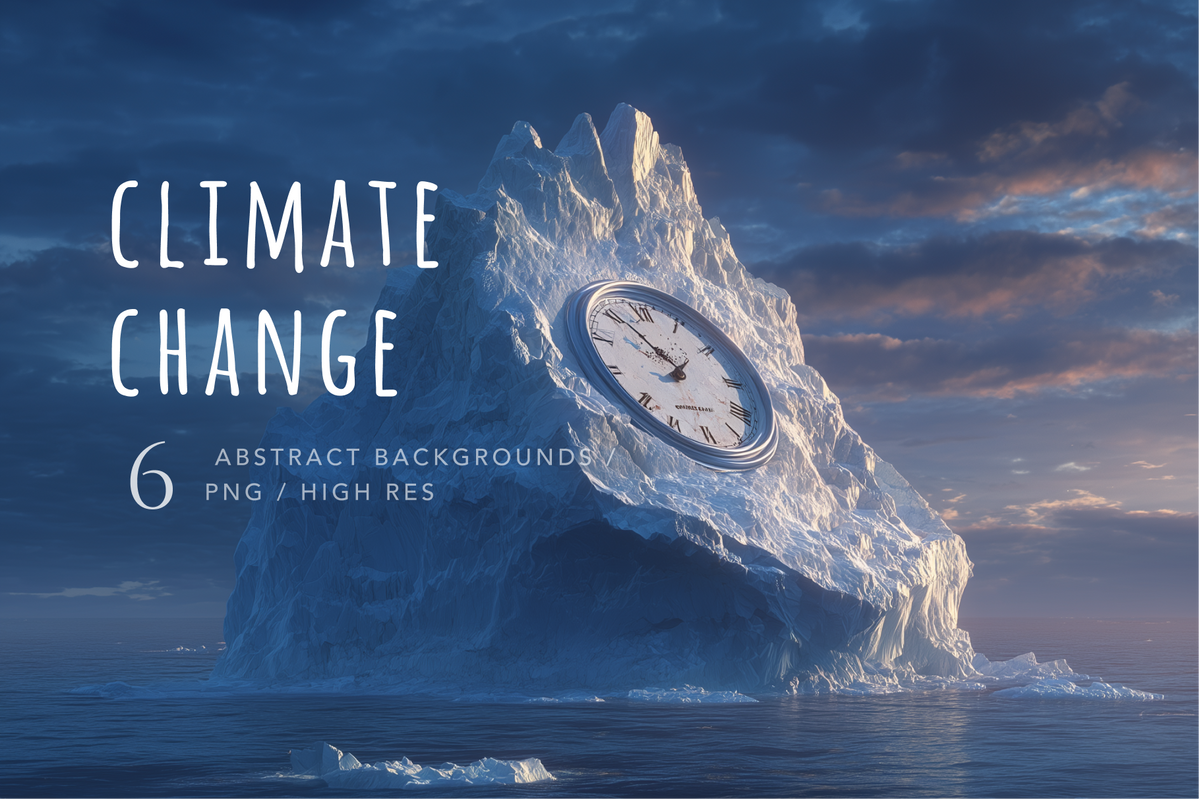 Digital graphic featuring a large iceberg with a clock face embedded in it, set against a dramatic cloudy sky and ocean. White text on the left reads 'CLIMATE CHANGE' with smaller text '6 ABSTRACT BACKGROUNDS PNG / HIGH RES'.