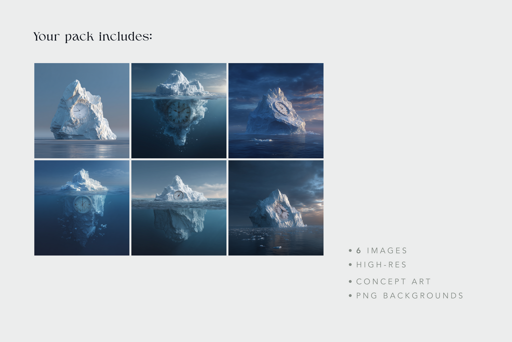 A promotional graphic for a pack of iceberg concept art images, showing six square preview panels of icy iceberg scenes with water reflections on a light gray background. Text reads 'Your pack includes:' and lists '6 images', 'high-res', 'concept art', and 'png backgrounds'.