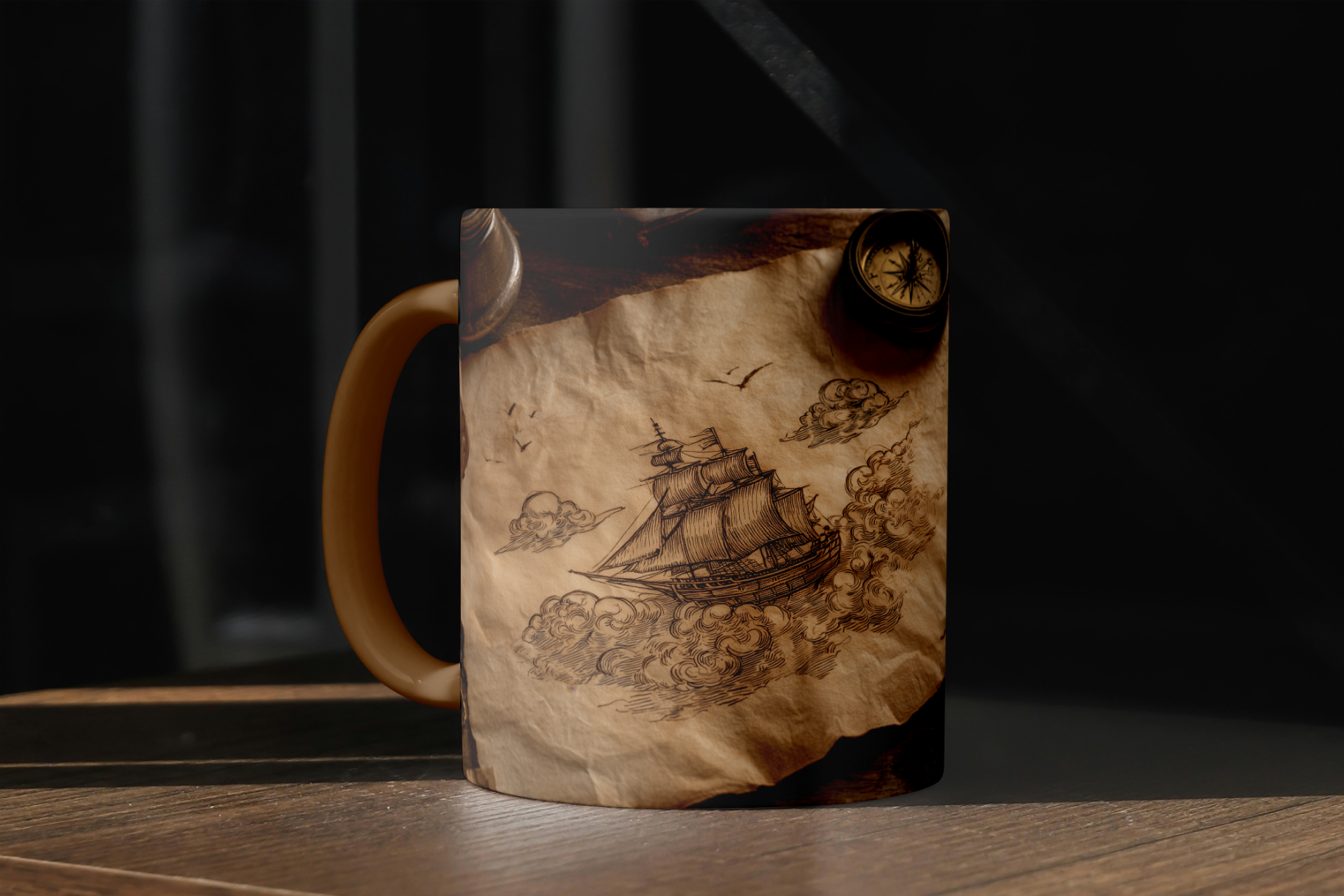 Mug with a ship design on a wooden surface