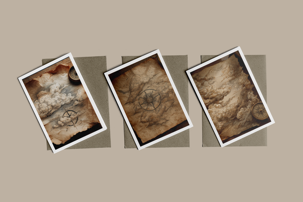 Three framed artworks with textured brown backgrounds on a beige background