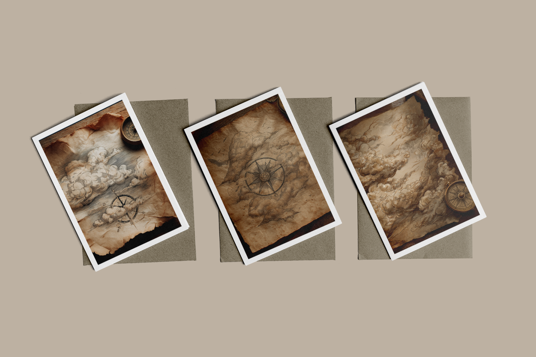 Three framed artworks with textured brown backgrounds on a beige background