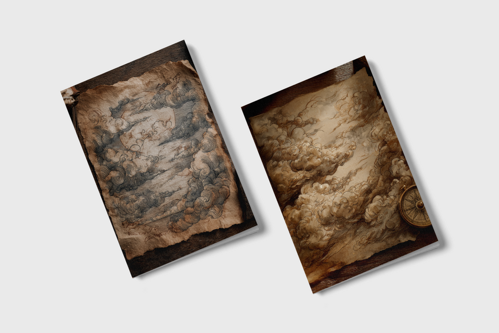 Two vintage-style notebooks with textured covers on a light gray background