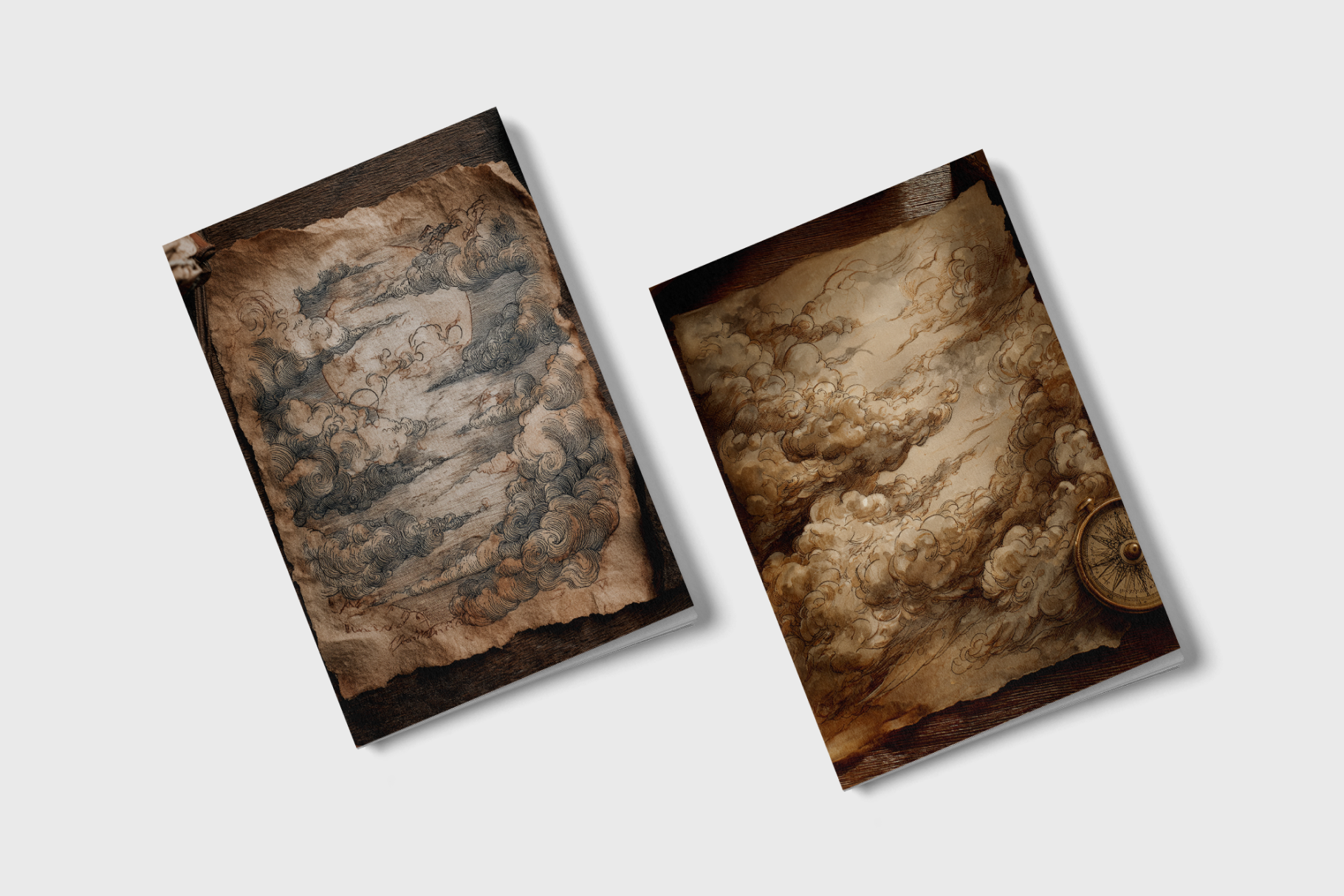Two vintage-style notebooks with textured covers on a light gray background
