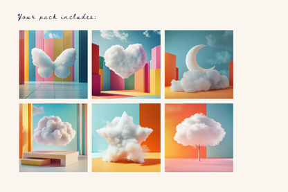 Collage of cloud-shaped objects in a colorful geometric setting