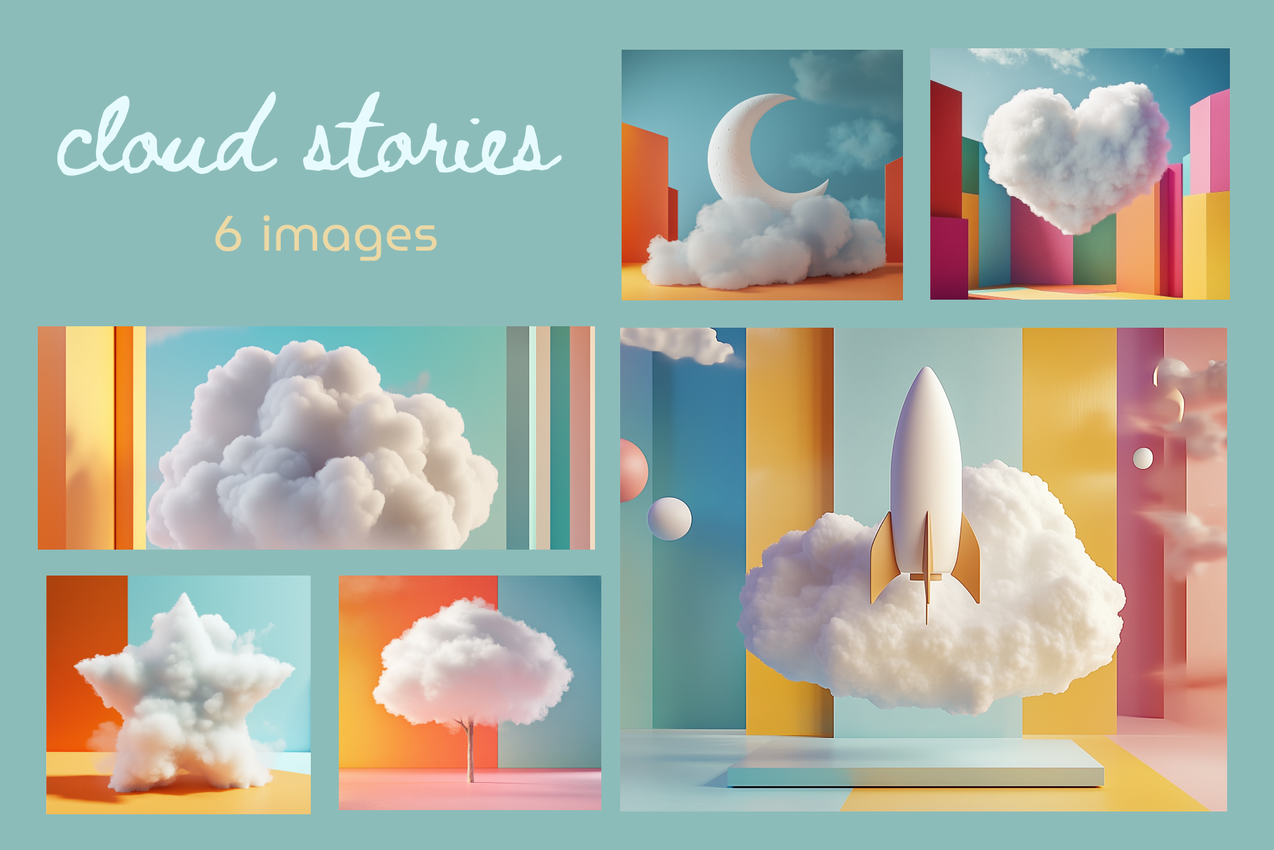 Collage of cloud-themed images with geometric shapes and a rocket launch, titled 'cloud stories'.