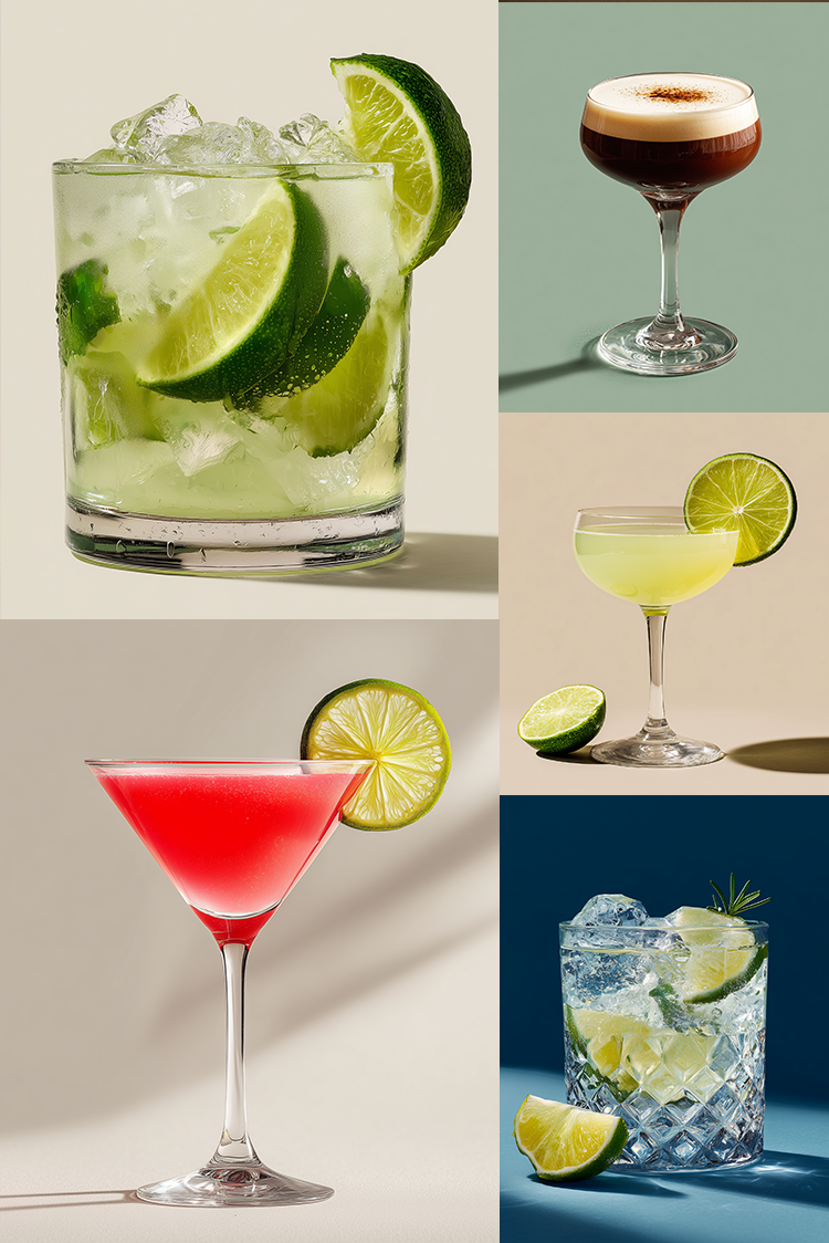 Collage of various cocktails with lime wedges and ice cubes on a neutral background