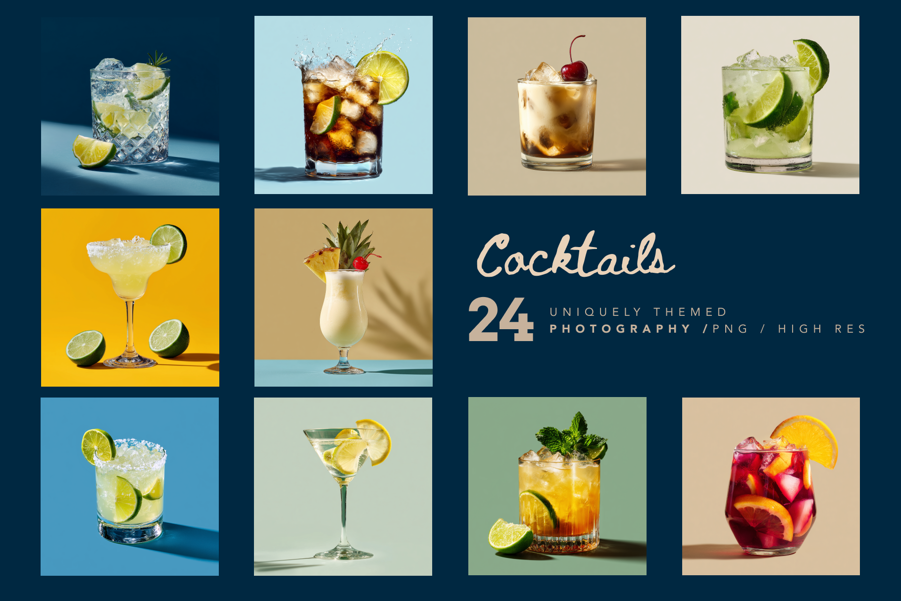Collage of 24 uniquely themed cocktails on a blue background