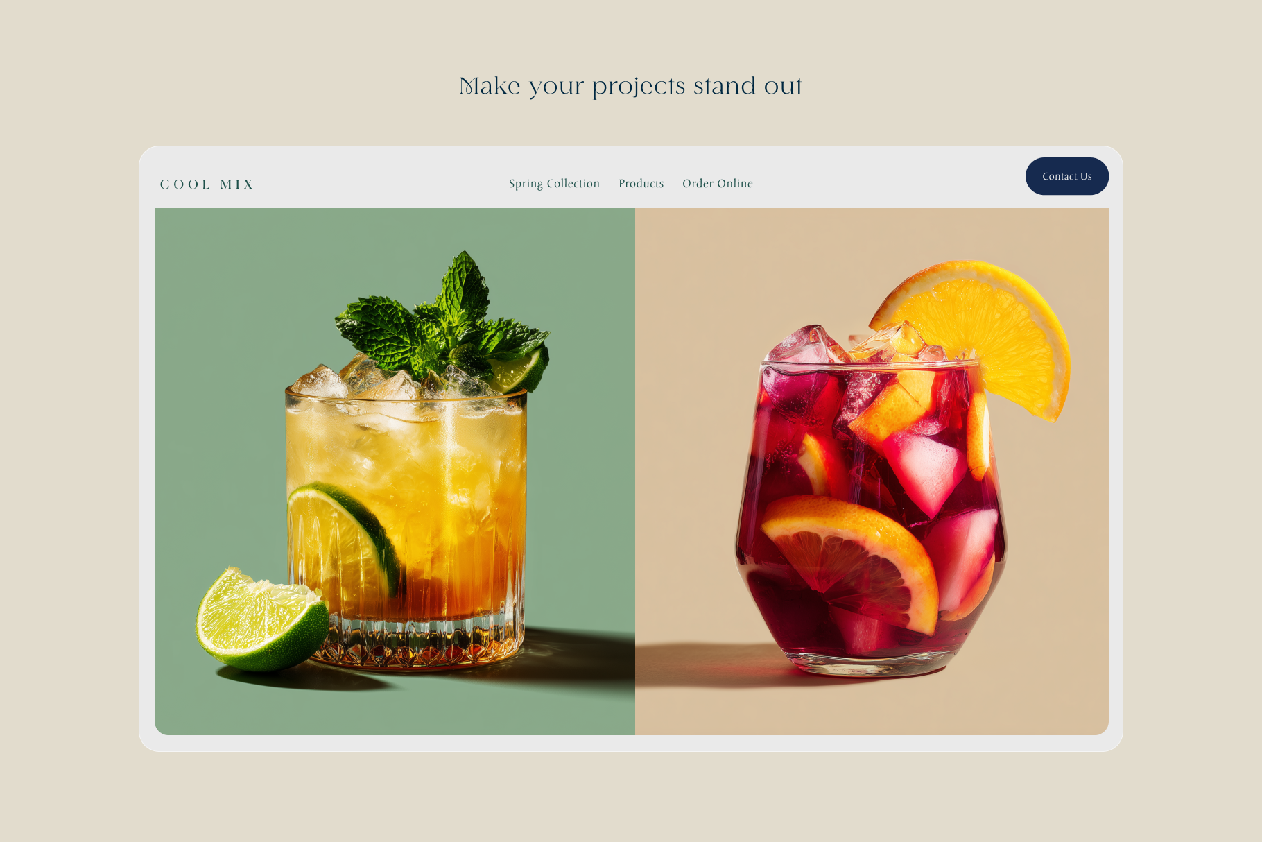 Two cocktails with lime and orange slices on a split background, with text 'Make your projects stand out'.