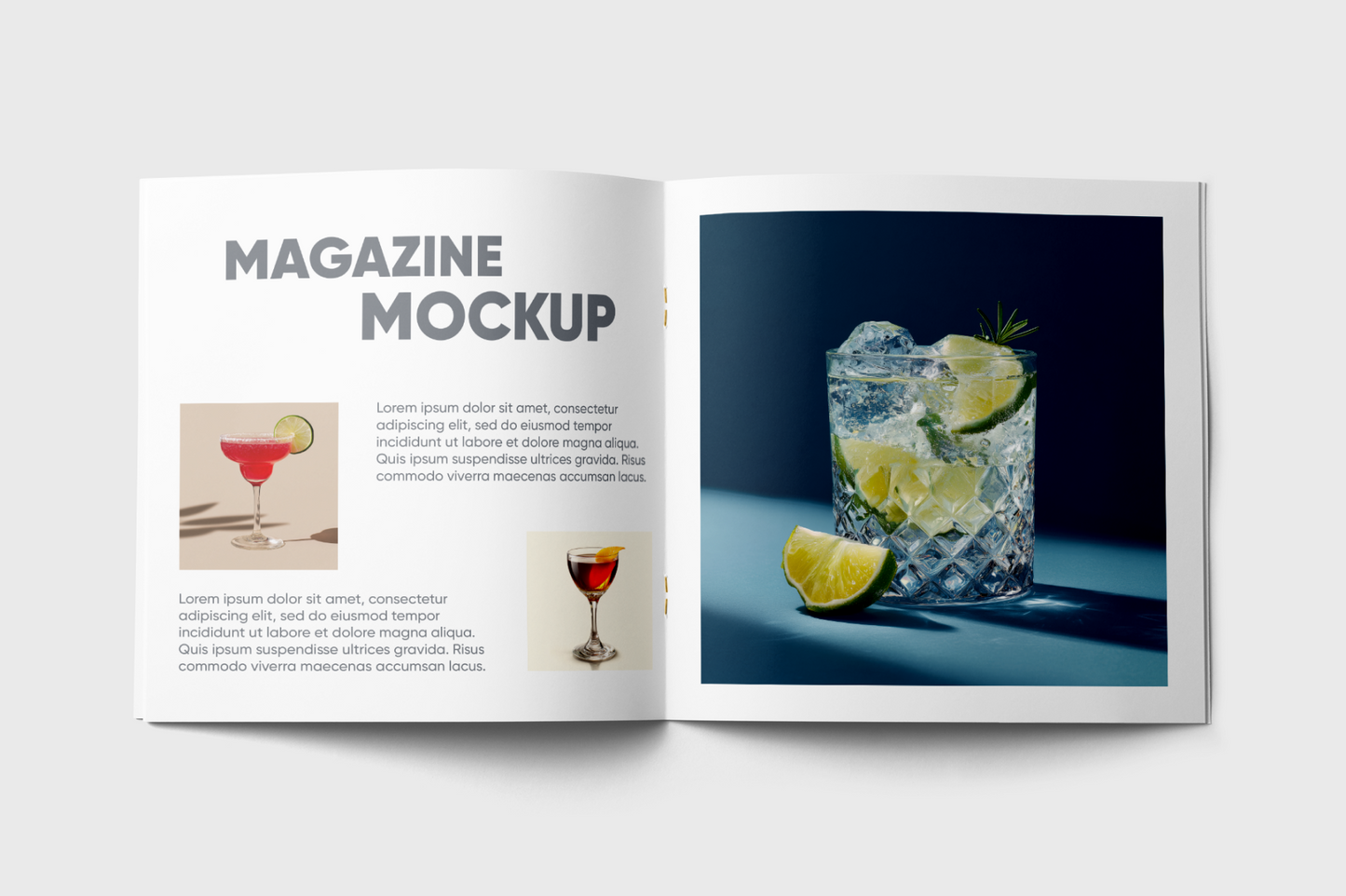 Magazine mockup with a cocktail on a white background