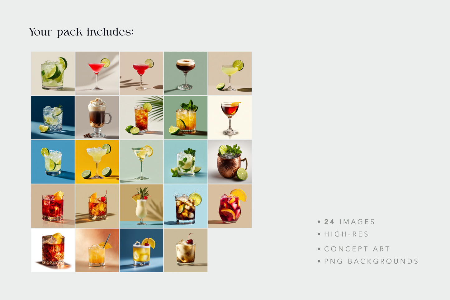 Grid of 24 cocktail images with a gray background and text indicating pack contents.