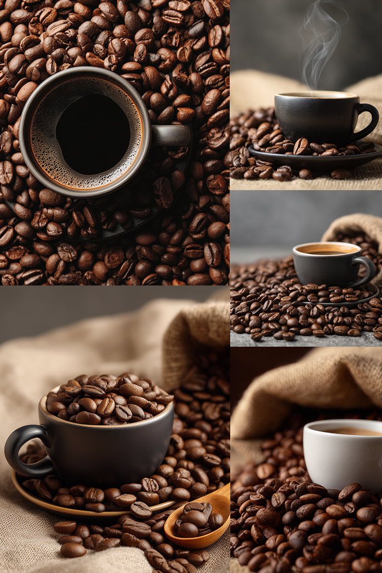 A 2x3 collage of coffee-themed photography featuring dark ceramic cups filled with coffee, scattered roasted coffee beans, burlap fabric, and a wooden spoon on a neutral studio background.