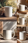 A collage of four lifestyle product photos showing ceramic mugs in warm, rustic settings. The mugs include solid white, speckled cream-beige, and off-white with tan base finishes, displayed on wooden tables with dried flowers, acorns, and books.
