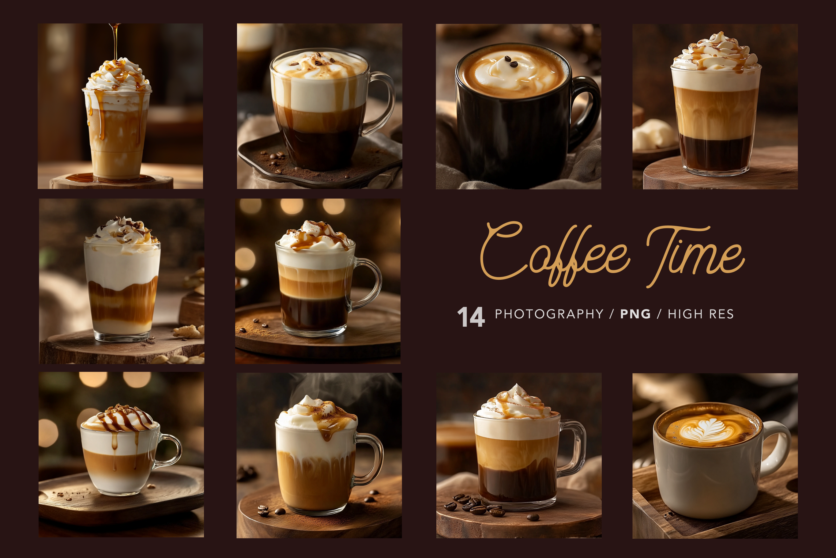 A collection of stock images showcasing various coffee beverages, including espresso, cappuccino, and latte, served in different cups and setups, indicating a theme around coffee culture.