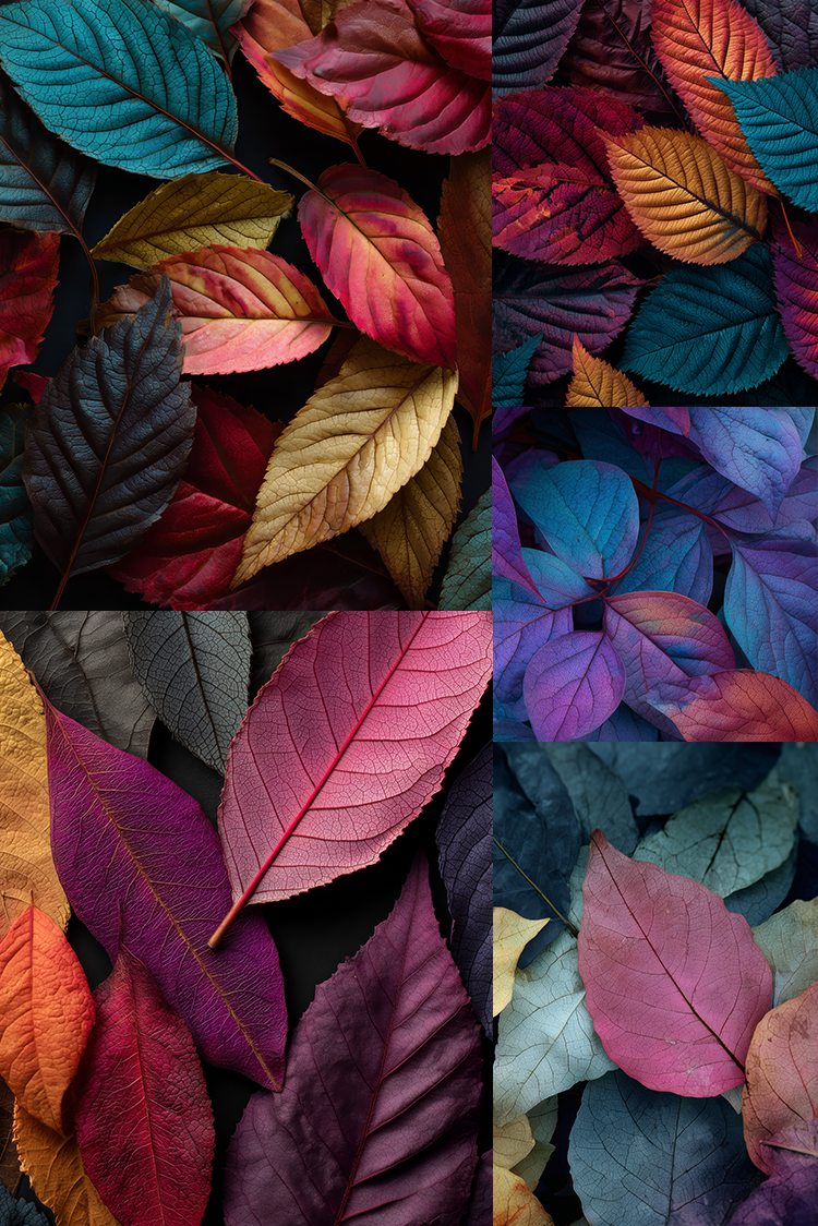 A collage of six close-up leaf textures in rich autumn and cool-toned colors, including teal, burgundy, gold, purple, pink, and blue, filling the frame.