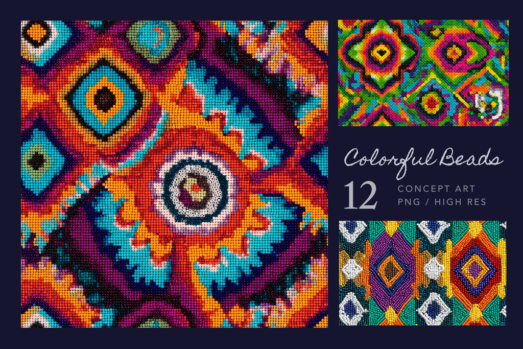 A promotional graphic for a set of colorful bead art patterns, featuring three square close-ups of geometric and circular beadwork designs in bright neon colors, with text reading 'Colorful Beads 12 Concept Art PNG / High Res' on a dark navy panel.