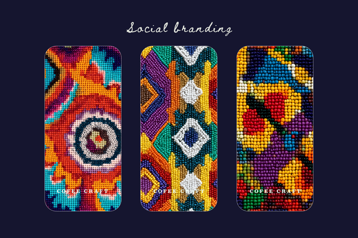 Three smartphone cases with colorful geometric and abstract pixel-art designs are displayed side by side on a dark navy background, with the text 'Social branding' above them.