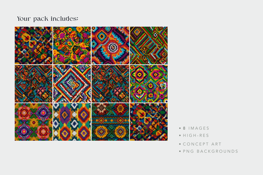 A promotional graphic for a pack of colorful geometric pattern backgrounds, showing a 3x6 grid of 18 vibrant multicolor designs on a light gray background. Text at the top reads 'Your pack includes:' and bullet points on the right say '8 IMAGES', 'HIGH-RES', 'CONCEPT ART', and 'PNG BACKGROUNDS'.