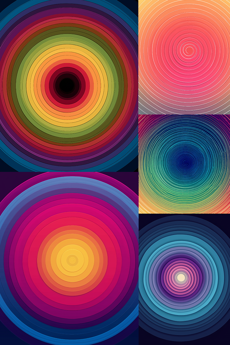 A collage of six circular concentric rainbow gradient designs arranged in a 2x3 grid, featuring vibrant colors including red, orange, yellow, green, blue, purple, and pink.
