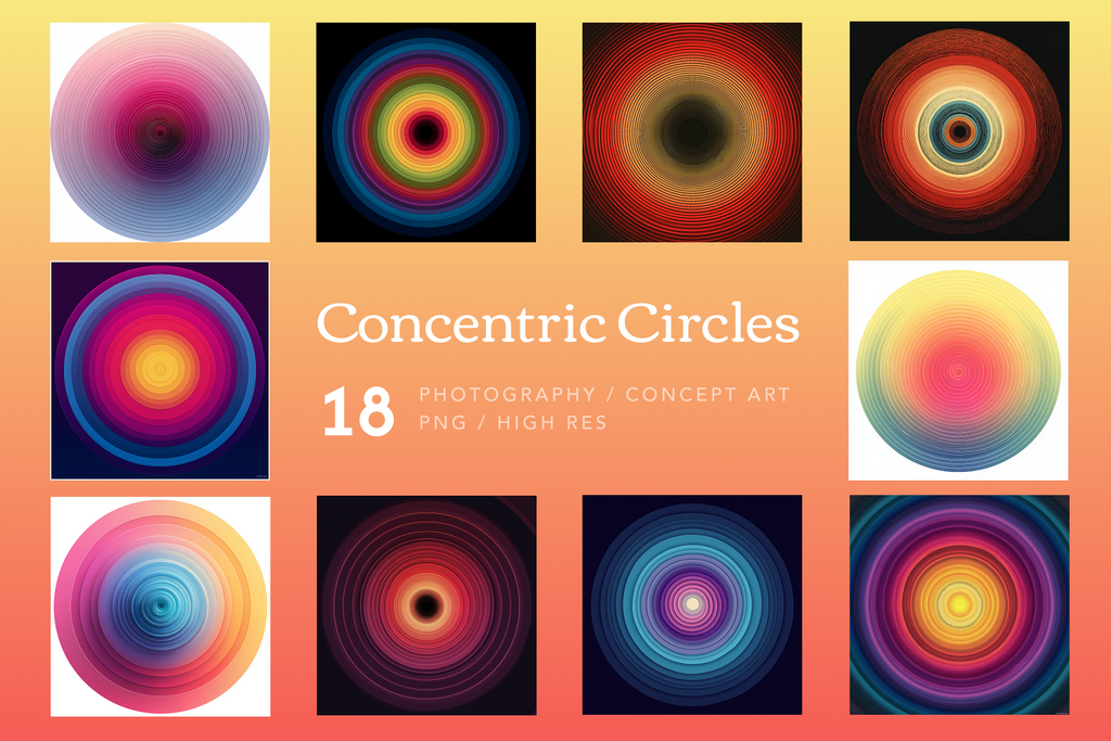 Collection of colorful concentric circle designs on a gradient background with 'Concentric Circles' text.