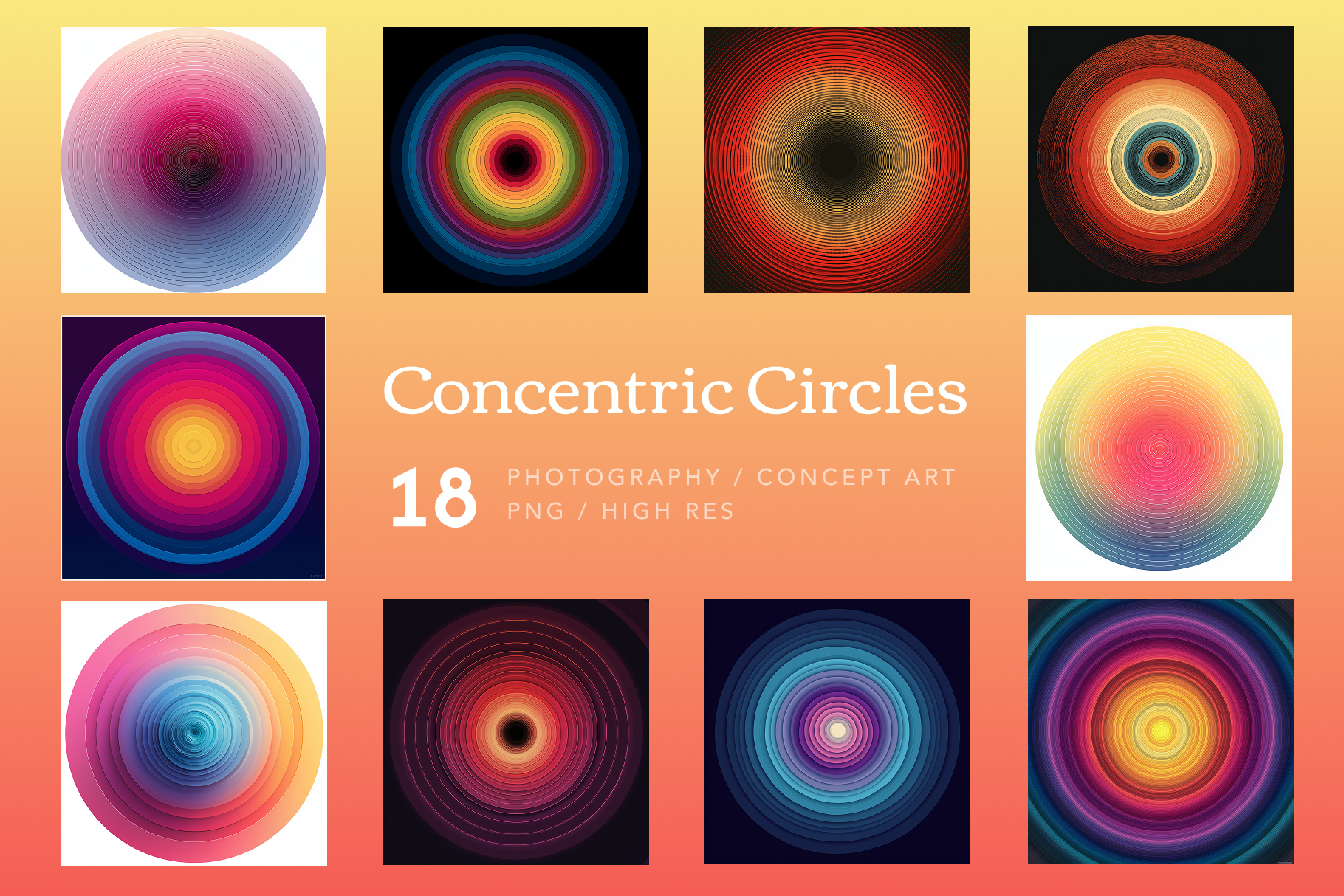 Collection of colorful concentric circle designs on a gradient background with 'Concentric Circles' text.