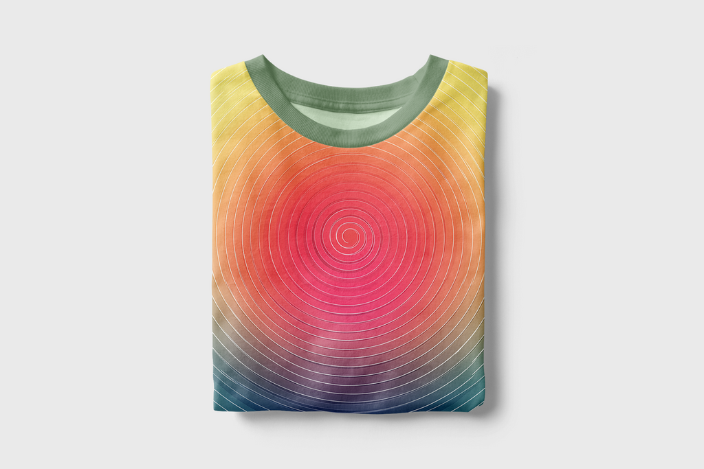 Colorful circular patterned shirt on a light gray background