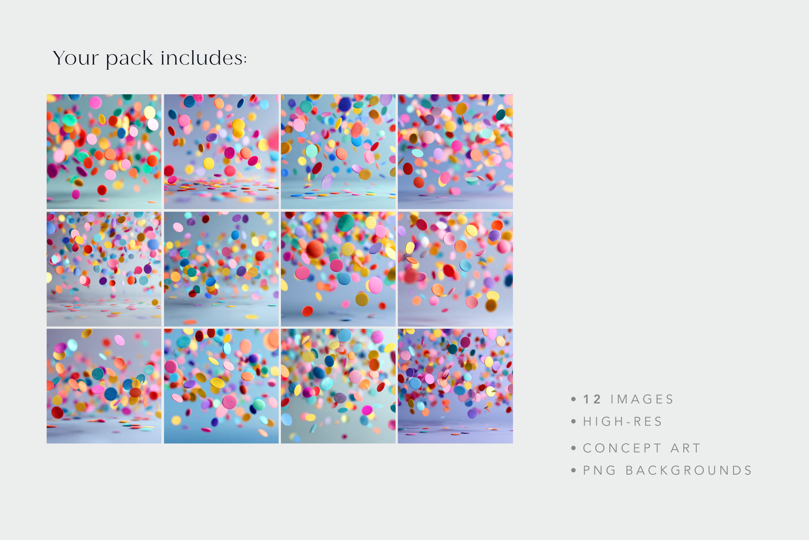 Promotional graphic for a pack of colorful abstract confetti images on a light gray background.