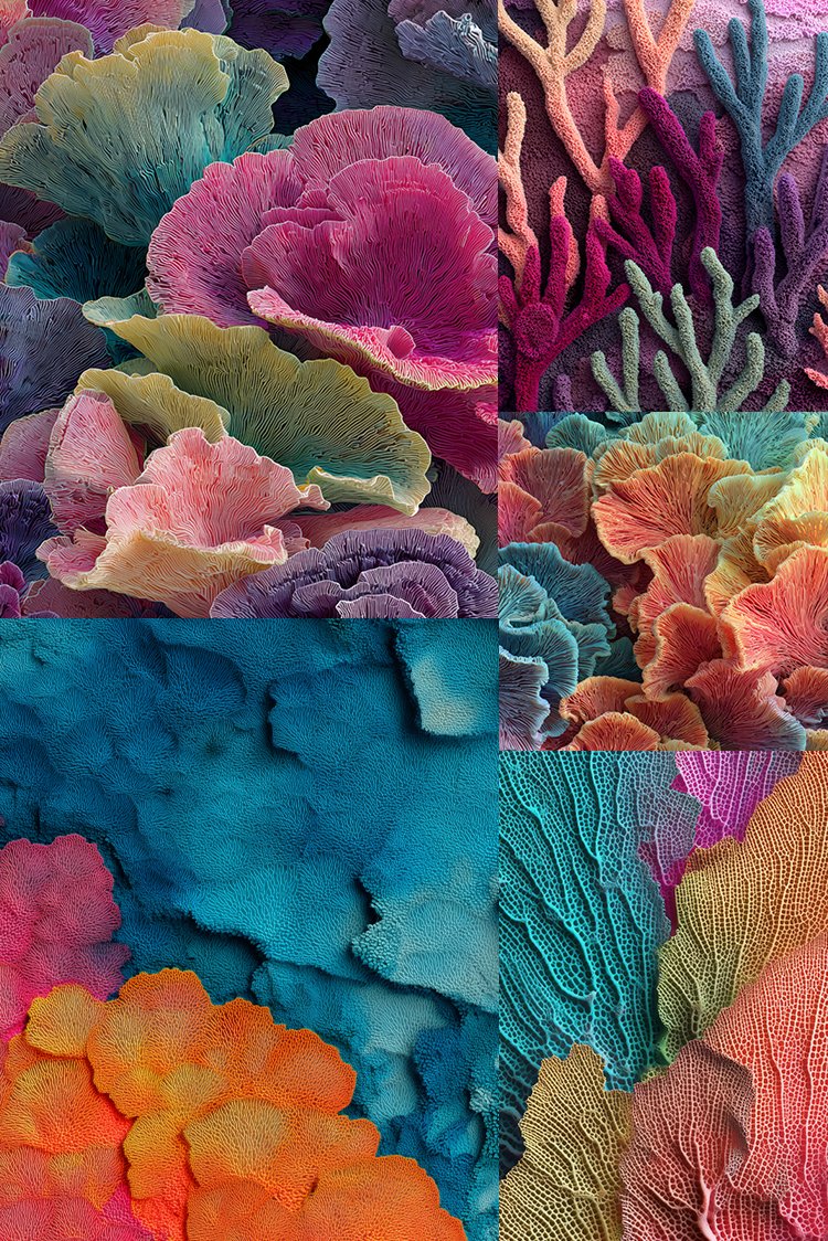 A vibrant collage of colorful coral-like textures and organic shapes in pink, purple, teal, orange, and yellow, filling the entire frame.