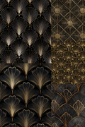 Four panels showcasing Art Deco style ginkgo leaf patterns in black and gold, featuring metallic gold lines, glowing light effects, and textured dark backgrounds.