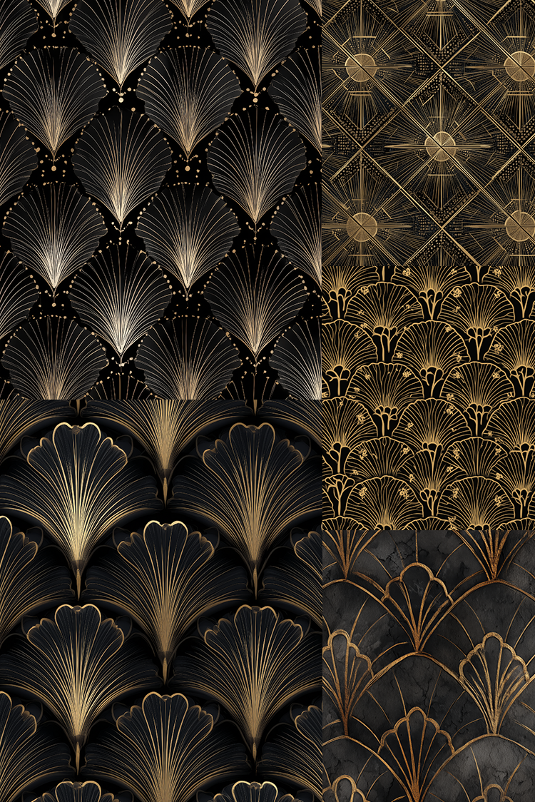 Four panels showcasing Art Deco style ginkgo leaf patterns in black and gold, featuring metallic gold lines, glowing light effects, and textured dark backgrounds.