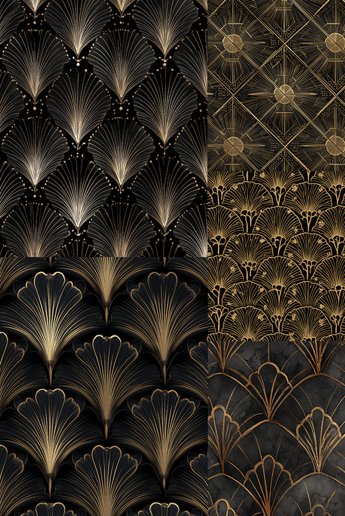 Four panels showcasing Art Deco style ginkgo leaf patterns in black and gold, featuring metallic gold lines, glowing light effects, and textured dark backgrounds.