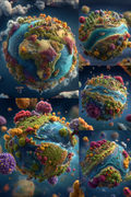 A collage of six floating 3D globe renderings, each showing a stylized Earth-like planet with blue oceans, green and yellow landmasses, and colorful coral or floral-like protrusions against a dark blue space-like background.