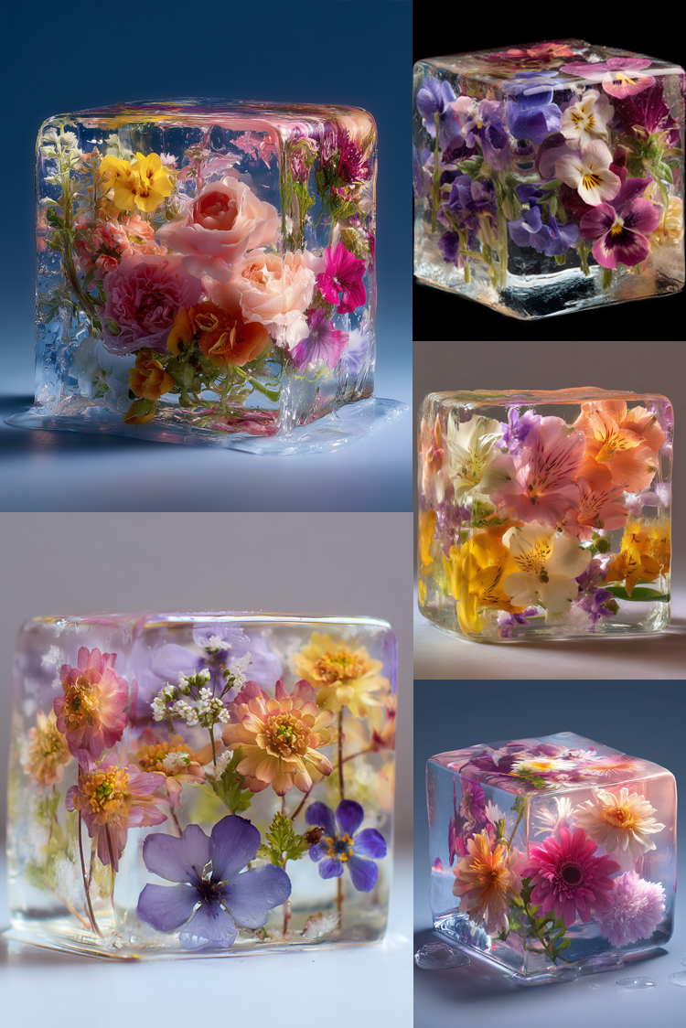 A collage of five clear square ice cubes or resin blocks embedded with pressed flowers in pink, purple, yellow, orange, and white, shown on a blue-to-white gradient background.