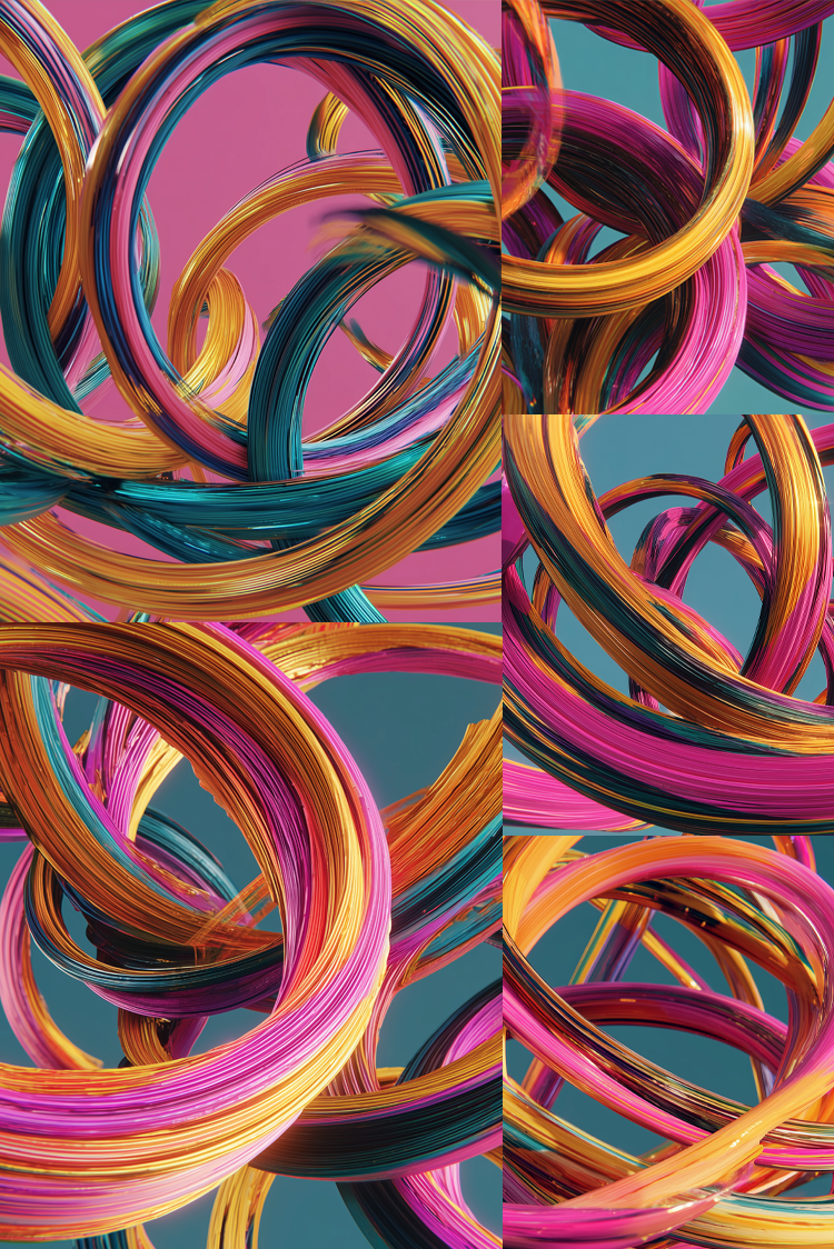 Abstract seamless pattern of glossy, overlapping 3D rings in vibrant shades of magenta pink, gold, teal blue, and orange against a split teal and pink background.