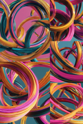 Abstract seamless pattern of glossy, overlapping 3D rings in vibrant shades of magenta pink, gold, teal blue, and orange against a split teal and pink background.