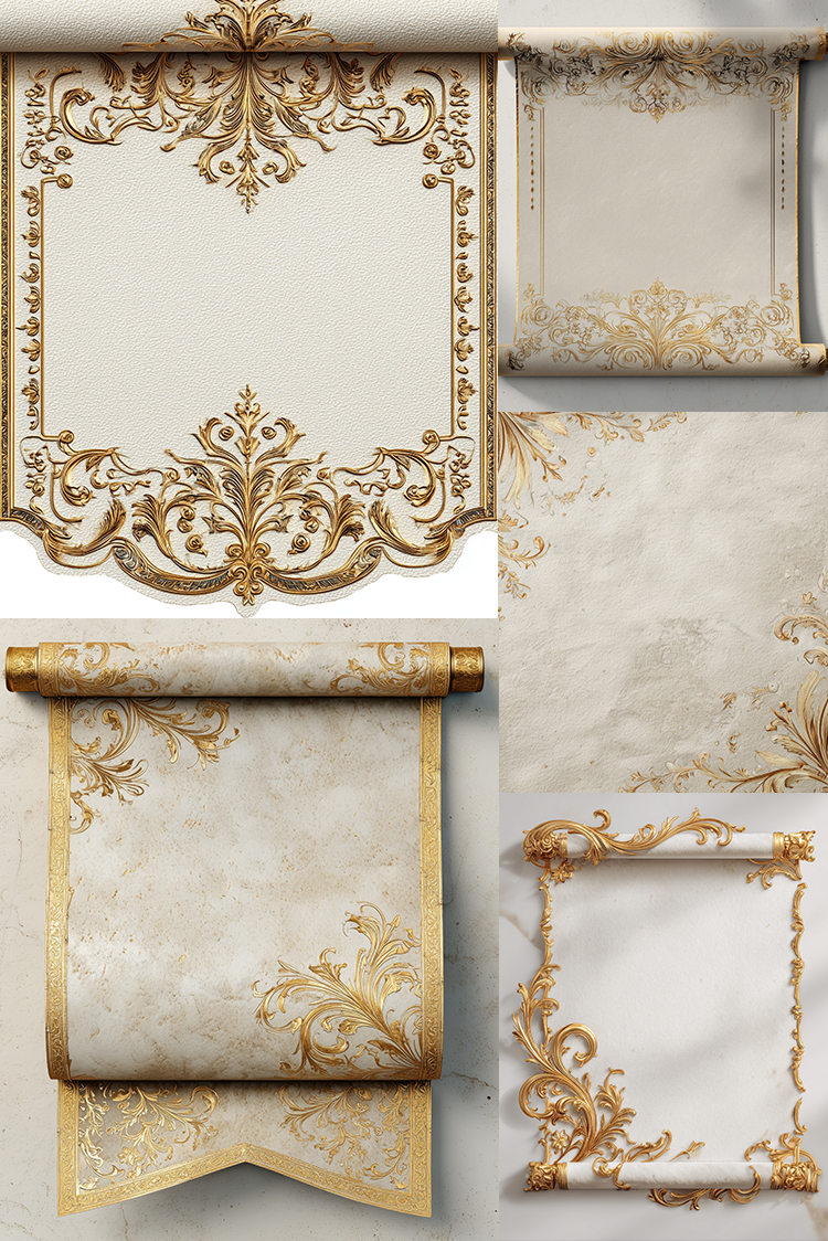 A collage showing multiple views of an ornate decorative scroll or wallpaper panel in warm ivory and gold. The designs feature intricate baroque-style gold filigree borders, floral scrollwork, and textured cream backgrounds, shown in both flat and rolled-up configurations.
