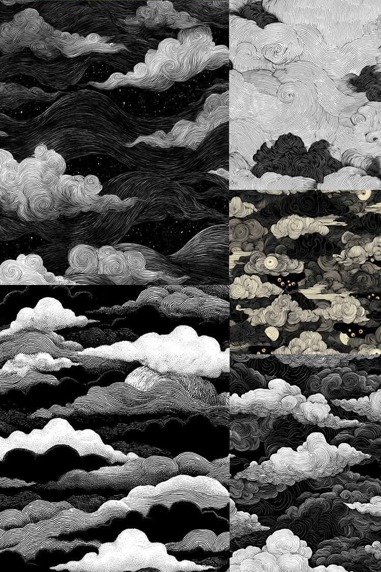 A six-panel collage of black, white, and gray cloud and mountain illustrations with fine linework and textured shading.