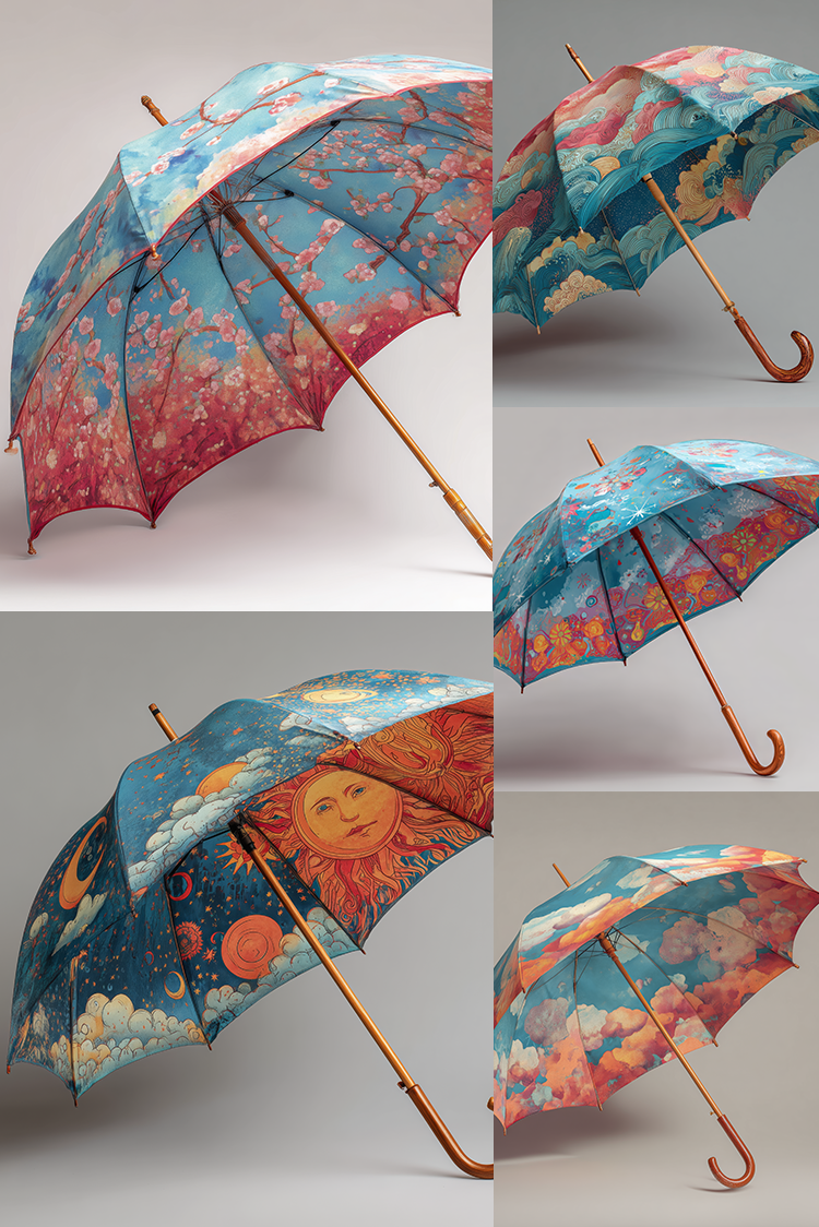 A collage showing multiple views of a decorative umbrella with a colorful sky and floral print. The umbrella features blue skies, pink and orange clouds, a smiling sun face, planets, and cherry blossoms, with a warm brown wooden handle and frame.