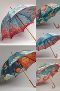 A collage showing multiple views of a decorative umbrella with a colorful sky and floral print. The umbrella features blue skies, pink and orange clouds, a smiling sun face, planets, and cherry blossoms, with a warm brown wooden handle and frame.