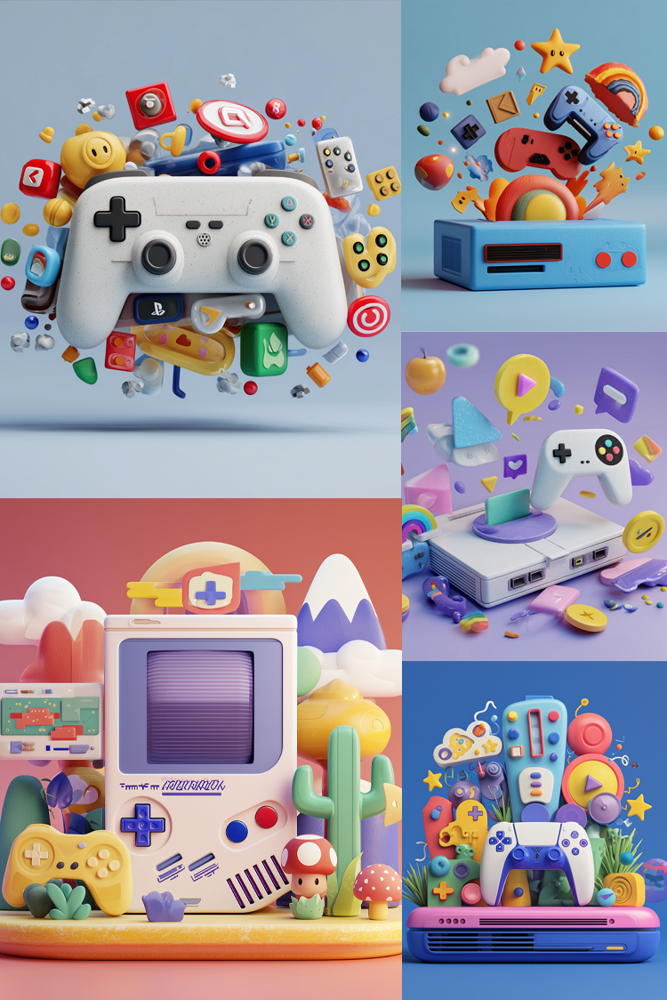 A 2x3 collage of stylized video game-themed products and accessories, including multiple game controllers, a retro console, a portable game console, and colorful game-related icons and decorations, rendered in a playful 3D illustration style.