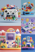A 2x3 collage of stylized video game-themed products and accessories, including multiple game controllers, a retro console, a portable game console, and colorful game-related icons and decorations, rendered in a playful 3D illustration style.