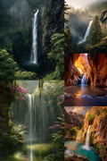 A six-panel collage of scenic waterfalls and canyon landscapes, including misty forest waterfalls, sunlit rocky canyons, turquoise pools, and lush green foliage.