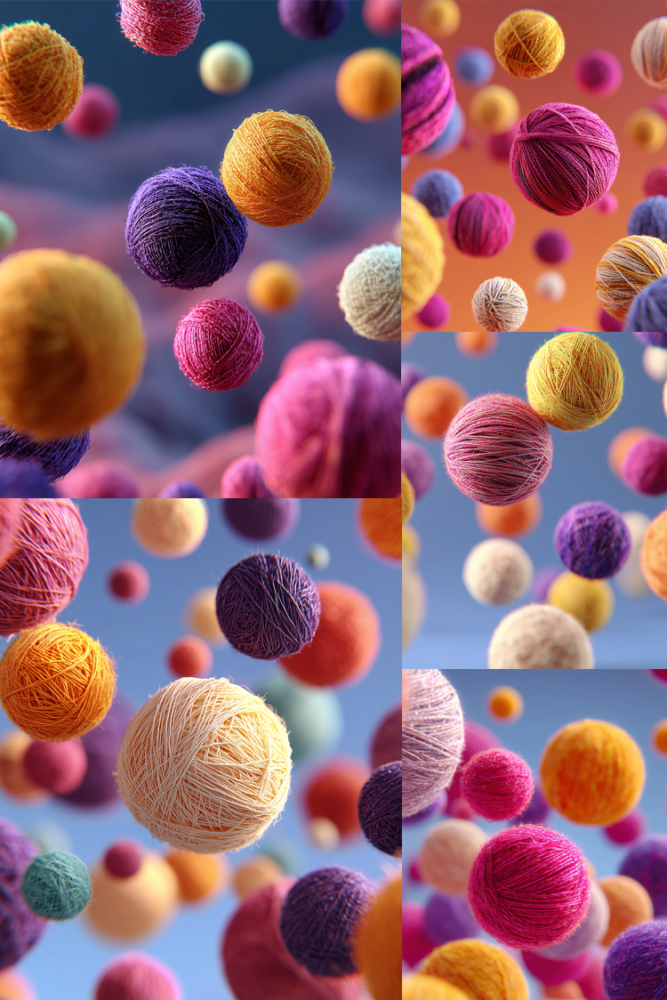 A collage of multiple panels showing colorful floating yarn balls in shades of pink, purple, orange, yellow, beige, and teal against soft blue and peach backgrounds.