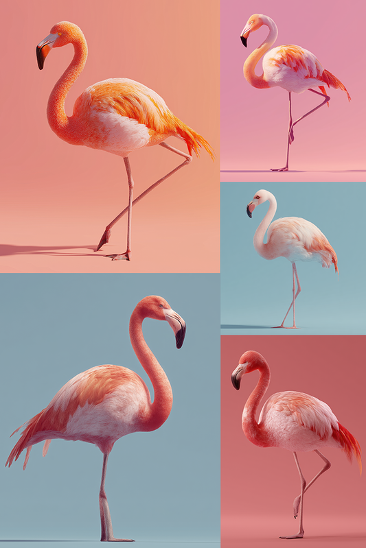 Collage of flamingos on a pink and blue gradient background