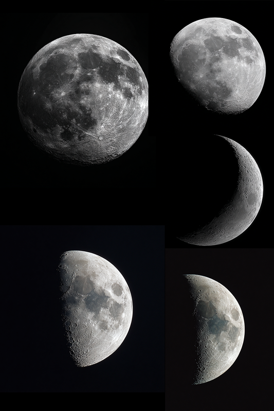 Stages of the moon in a black and white collage