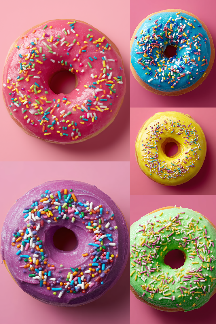 Five colorful donuts with sprinkles on a pink background